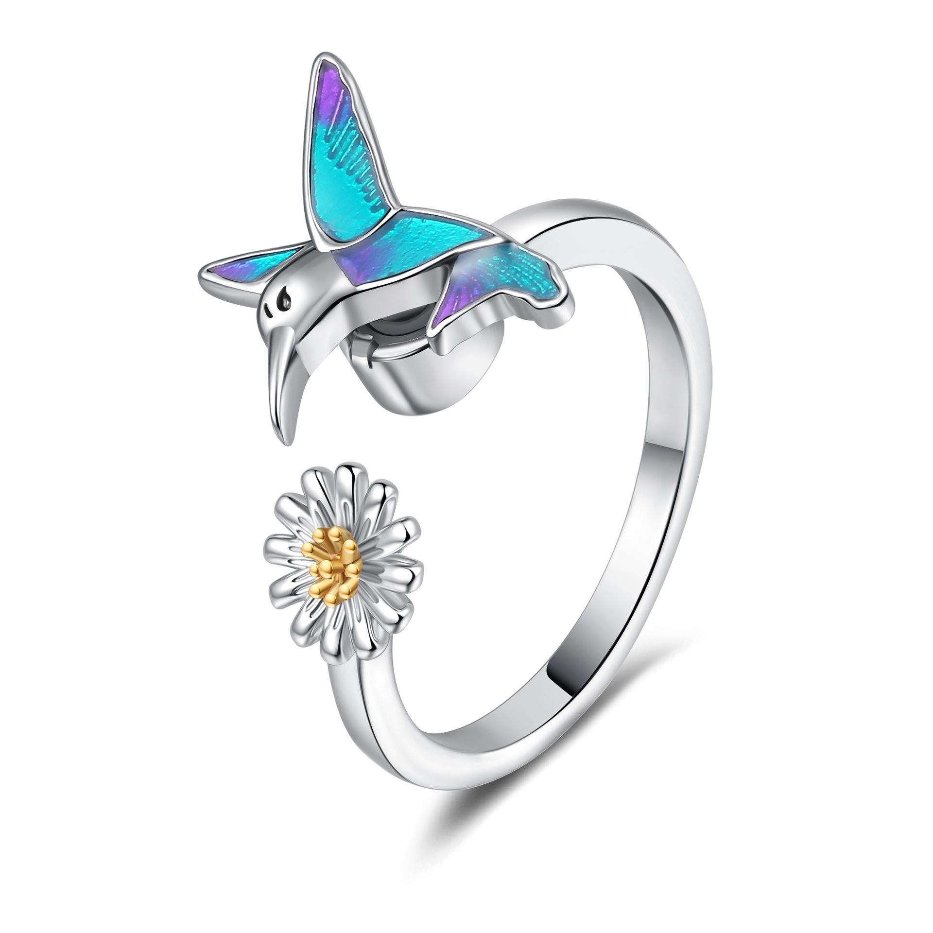 

Hummingbird & Daisy Enamel Spinner Ring Iridescent Minimalist Fidget Zircon Artistic Rotating Adjustable Rings Unique Gift resizable