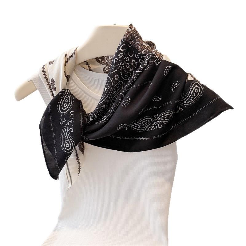 Color Blocked Cashew Herringbone Pattern Cotton Linen Small Square Scarf Silk Imitation Velvet Headscarf Shawl Sunscreen Women