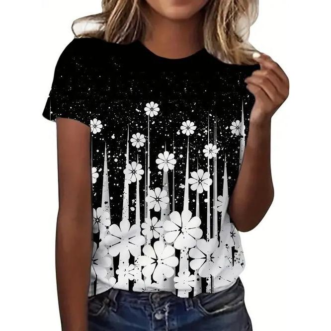 Summer Round Neck 3D Flower Butterfly Pattern Print Top Fashionable Casual Retro Short Sleeved Women's T-shirts