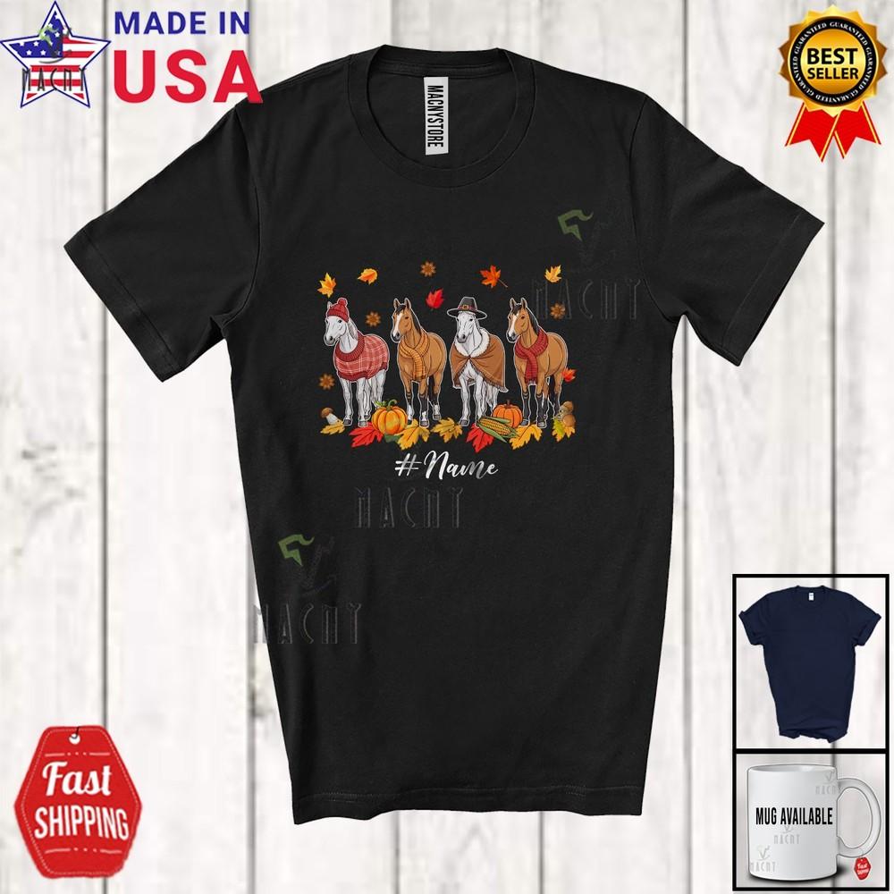 Custom Name Four Fall Leaves Horse Amazing Thanksgiving Farm Farmer T-Shirt