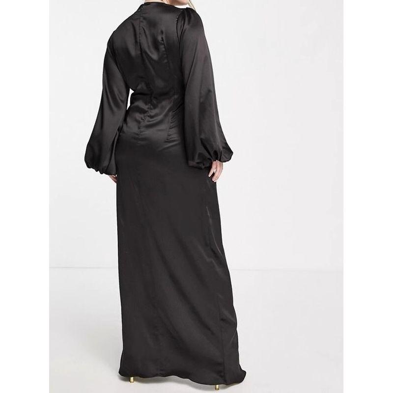 Foreign Trade Order 2025 Summer Party into Pulp Satin Black Royal Sister Fan Lantern Sleeve Deep V-neck Sexy Formal Dress Long dress