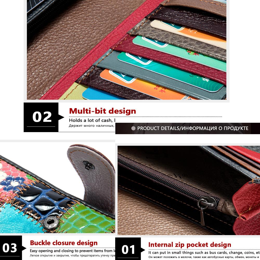 Women's Purse Three Fold Spliced Genuine Leather Wallet Women Retro Boho Purses Coins and Cards Ladies Wallets Long Clutch Bag Women Wristlet Wallets