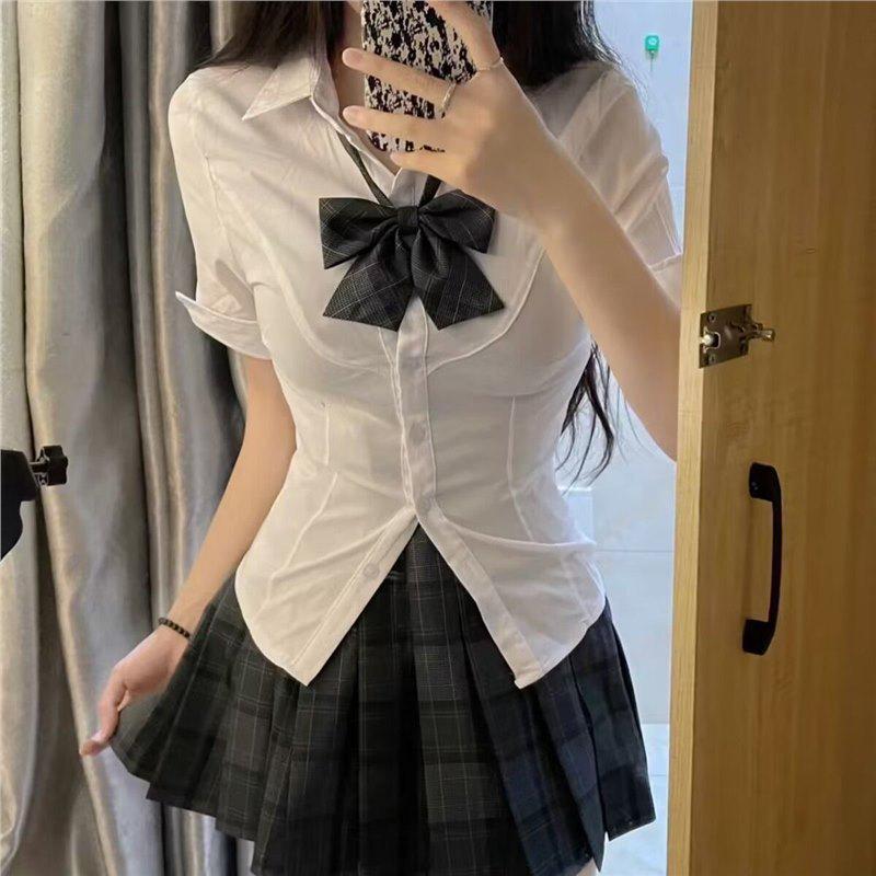 

Waist-Cinching Slim Shirt: Sweet, Spicy & Versatile Preppy Summer Short Sleeve L