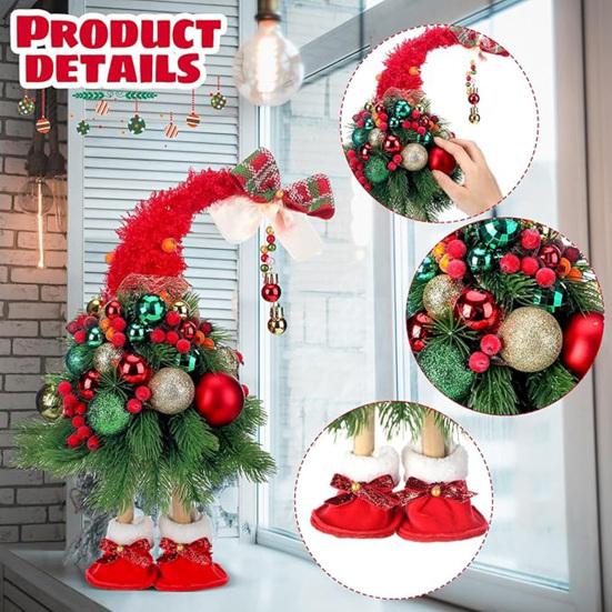 16 Inches Christmas Tree Gnome Figurine Handmade Small Dwarf Artificial Tree Table Decor with Ball Ornaments for Tabletop Indoor Home Decor