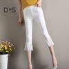 Women Cropped Pants Solid Color High Elastic Summer Flared Pants Lace Stitching Trim Tight Leggings with Pockets
