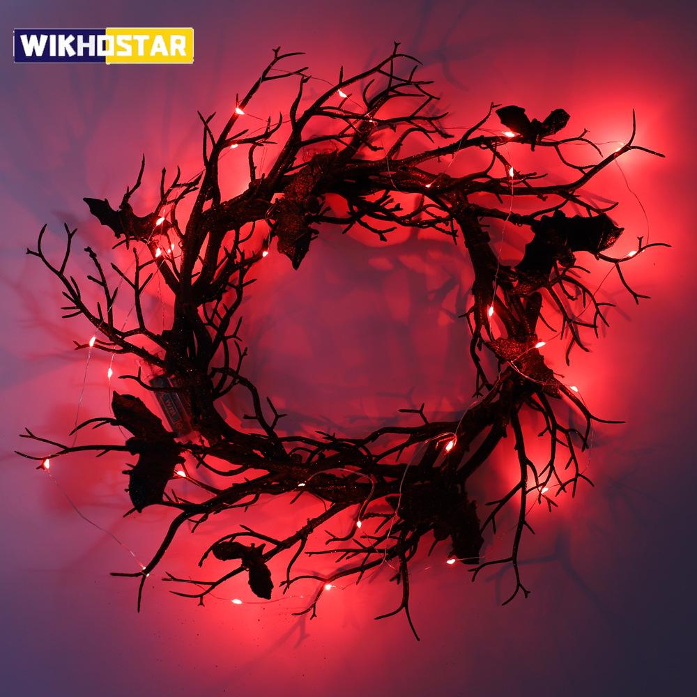 Halloween Künstlicher Kranz Fledermaus Schwarze Zweige Kränze Kranz für Haustür mit LED-Licht Fenster Heimdeko Halloween Dekoration
