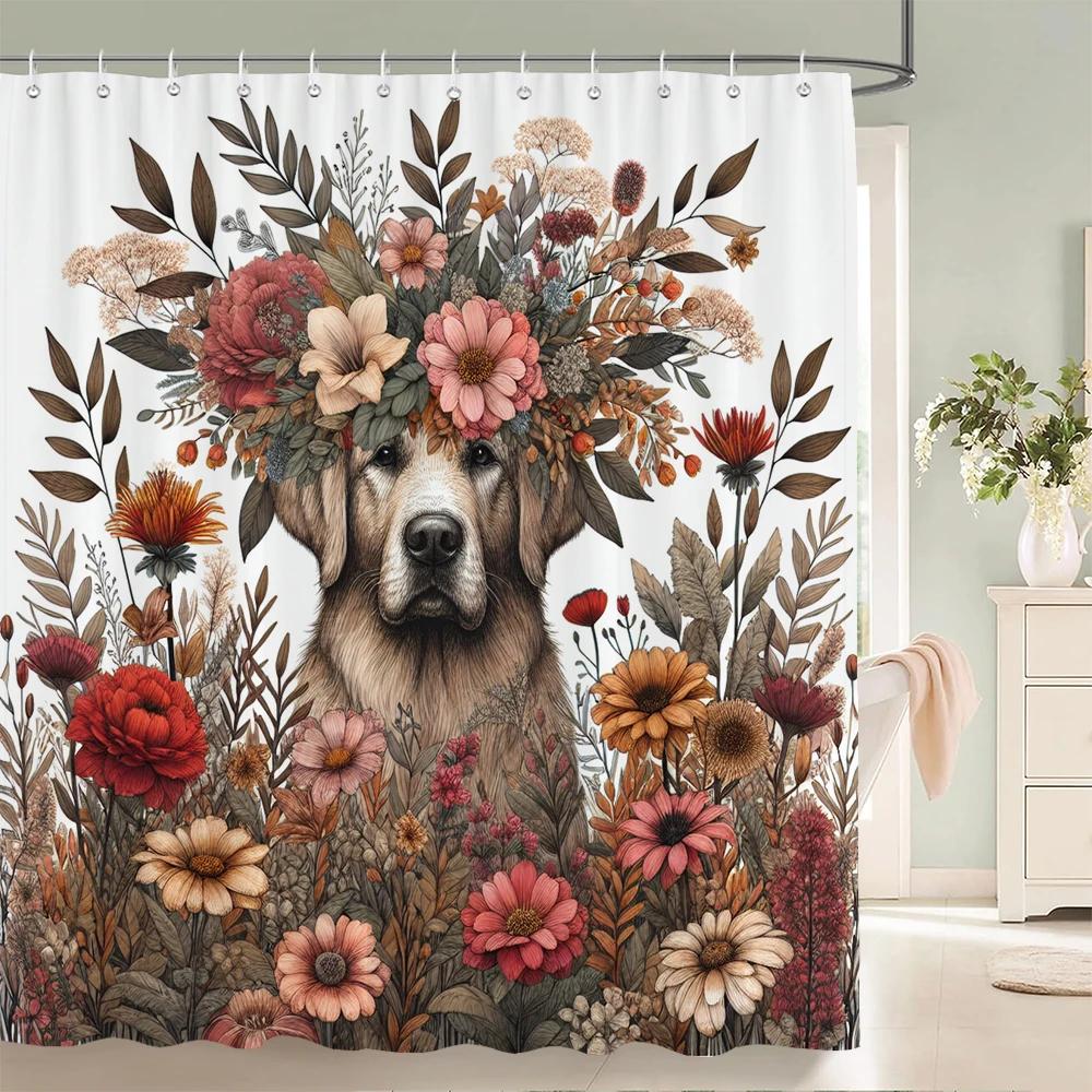 

Flowers Dog Shower Curtain With Hooks Home Decor For Watercolor Plants And Floral Bathroom Curtain Polyester Fabric Bath Curtain W60H190(CM)-1 Pcs