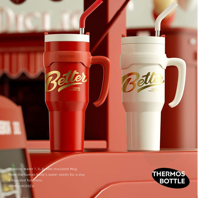 Stainless Tumbler Cup with Straw and Handle Keep Hot and Cold Thermal Bottle Outdoor Portable Large Capacity Coffee Mug 1300ML