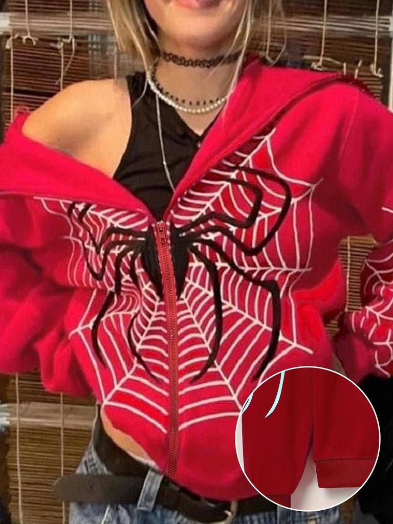 Y2K Fleece Hoodie für Damen – Spinnennetz-Print Lockerer Reißverschluss Kapuzen-Cardigan, Grunge Streetwear Oversized Sweatshirt weniger
