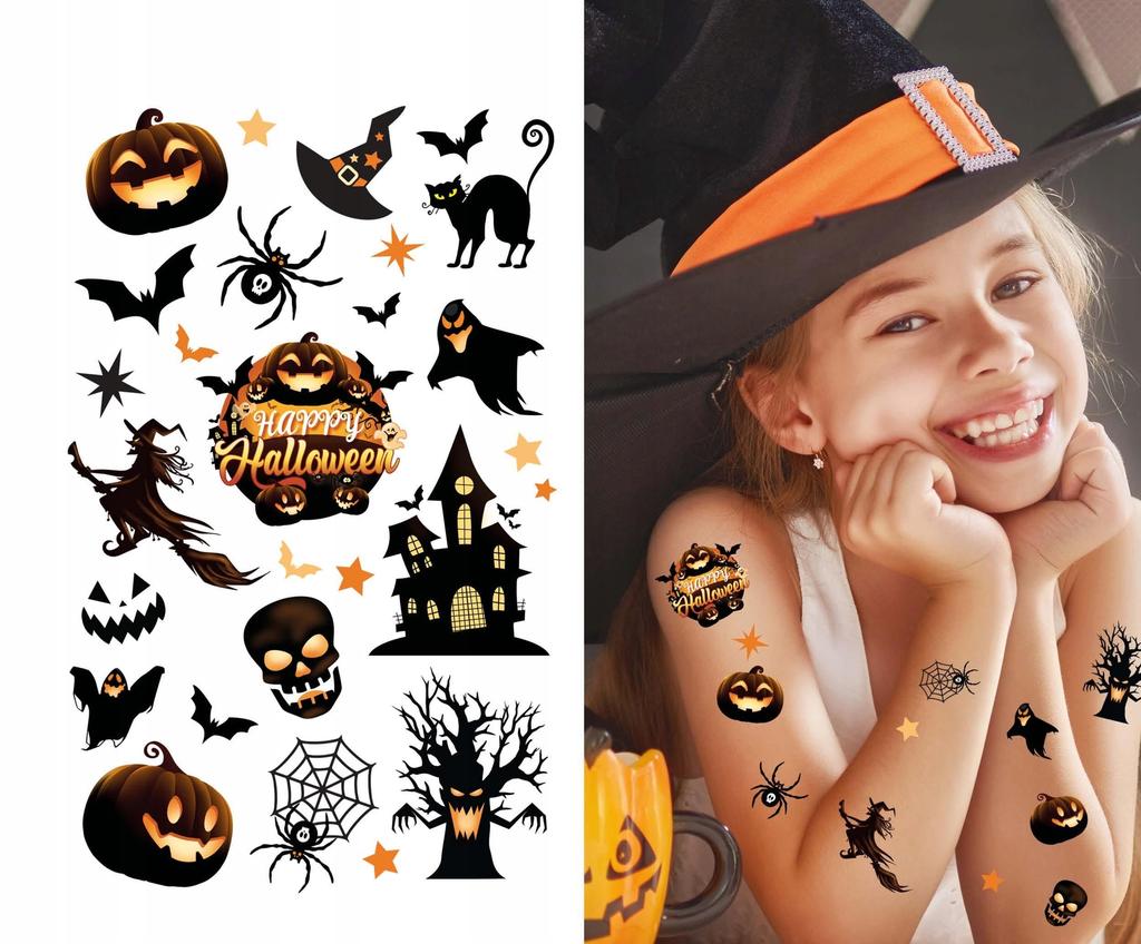 Tatuaże Zmywalne Halloween Nawiedzony Dom Dynia Duch Czarownica 19Szt.