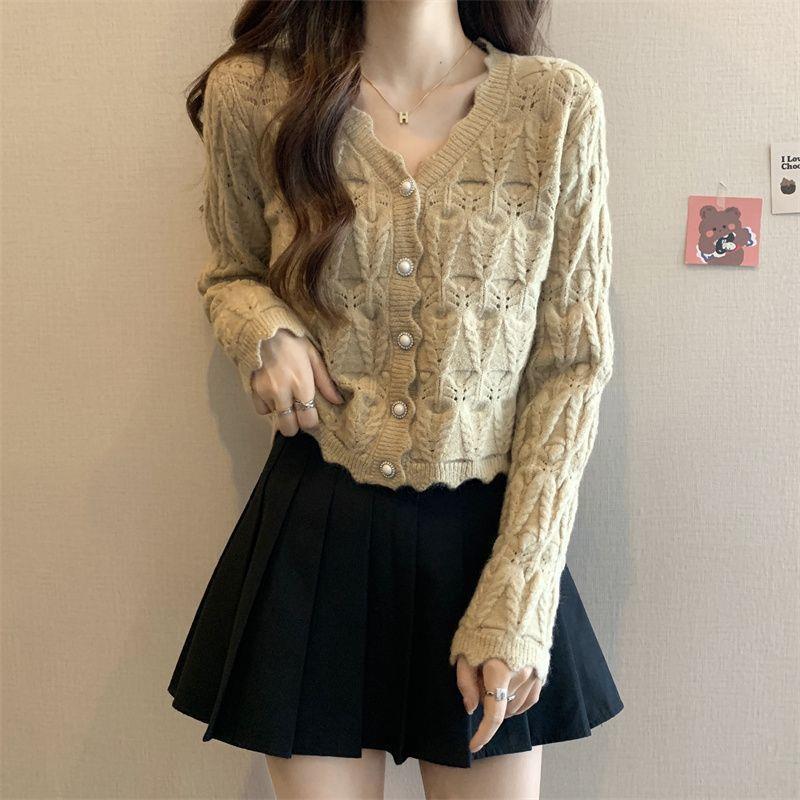 Women s French Retro V-neck Sweater, Hollow-out Cable Knit Cardigan, Long Sleeve Autumn Winter Top S (below 90 jin)