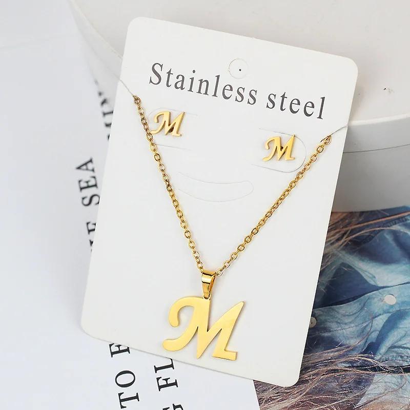 Stainless Steel Letter Necklace Bracelet Earring Zircon Set for Women Alphabet Pendant Necklace Party Gift