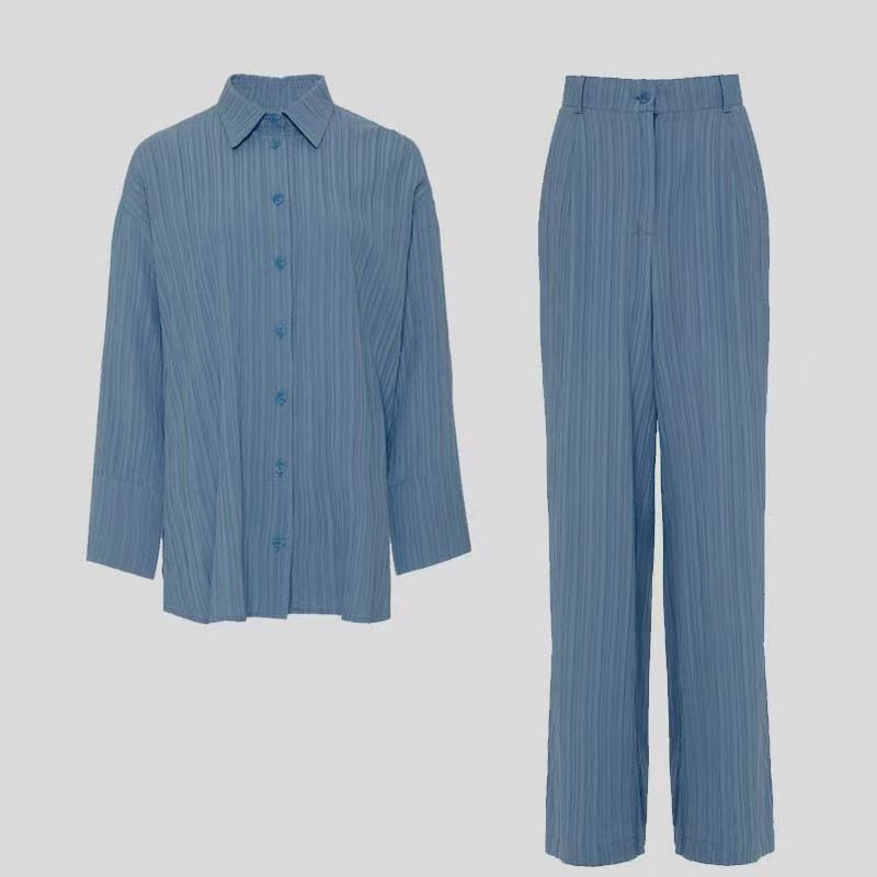 

Fashion Style New Arrival Casual Ruched Shirt Wide Leg Pants Suit Shirt Wide Wide Wide Leg Pants Suit Blue M