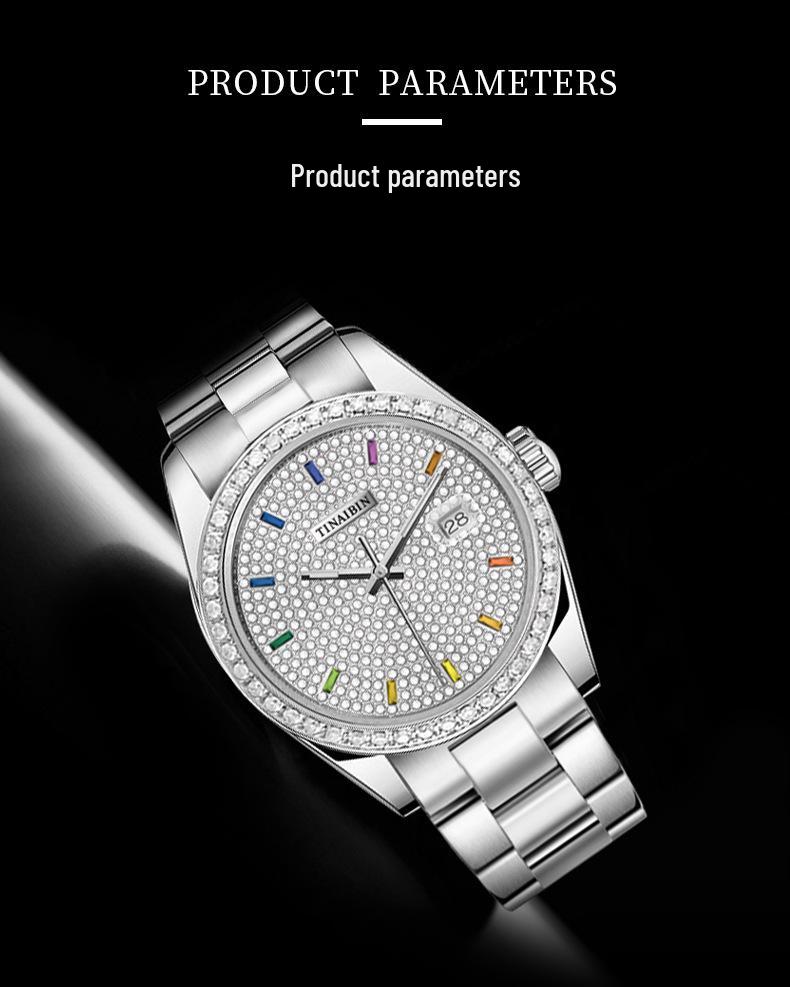 Swiss Automatic Men's Watch: Waterproof, Luminous, Diamond Accents, Steel Band, Quartz Movement.