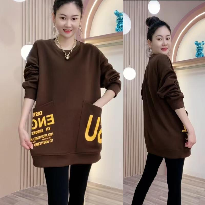 Plus Size Spring/Autumn 2025 Double Pocket Round Neck Hoodie - Korean Style Chic Loose Slimming Outerwear for Women