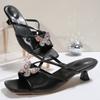 Fashion Rhinestone High Heels New Square Toe Cutout Bow Outside Wear Elegant Temperament Open Toe Non-slip Cool Slippers