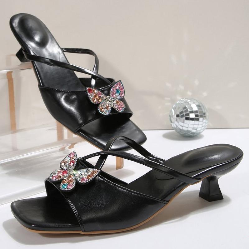Rhinestone High Heels New Square Toe Cutout Bow Outside Wear Elegant Temperament Open Toe Non-slip Cool Slippers