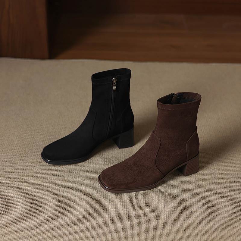 Krazing Pot Flock Round Toe Thick Heels Chelsea Boots Size 42 Zip Women Concise Style Elastic Ankle Boots