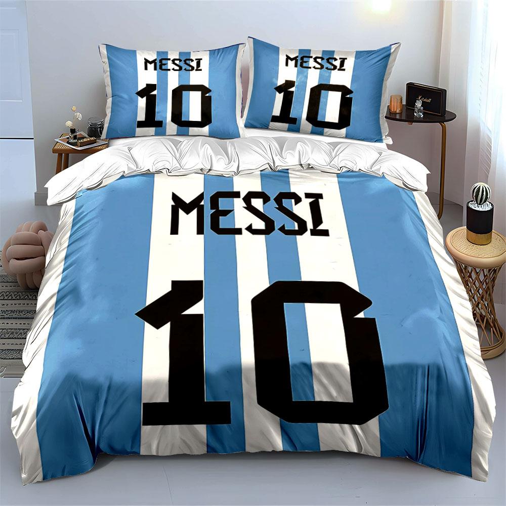 Blue White Stripes Messi 10 Bedding Duvet Cover Set Duvet Cover Pillowcases (1*Duvet Cover 2*Pillowcases, without duvet insert)