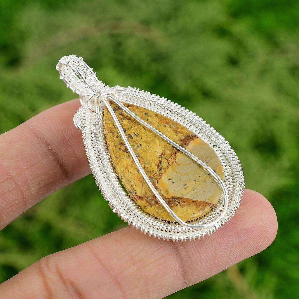 Pear Picture Jasper Stone Sterling Silver Wire Wrapped Elegant Pendant Jewelry