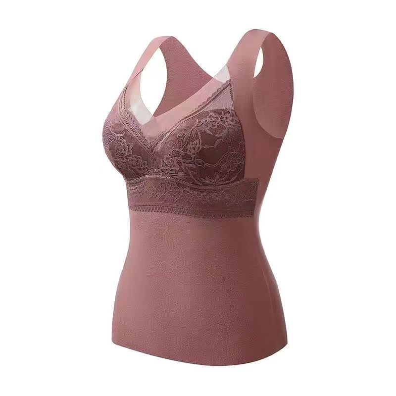 Velvet Fever Without Trace Warm Lace Undershirt Female Fixed Cup Padded Thickening Thin Comfortable Bottoming Fall Clothing Underwear