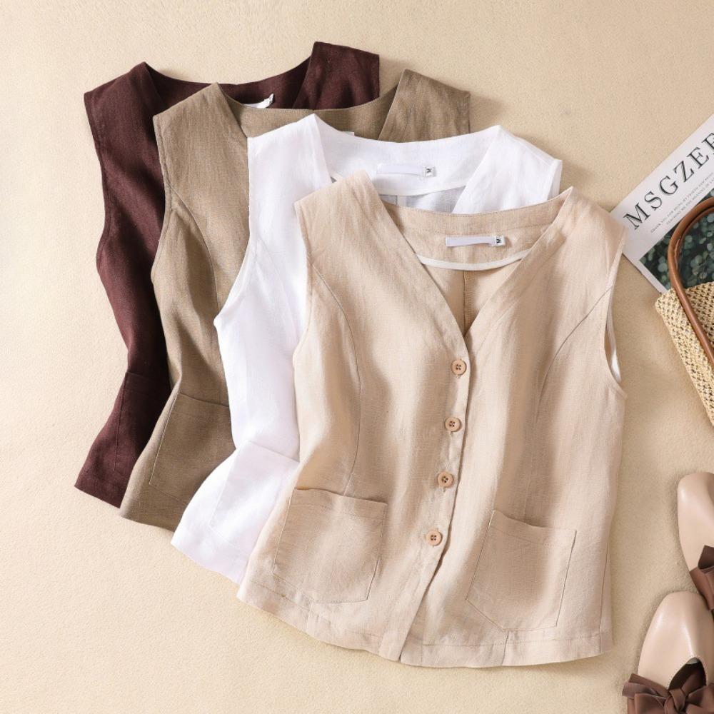Gilet da Donna con Scollo a V Senza Maniche Vestibilità Rilassata Gilet Vintage Monocolore in Misto Lino Capo Esterno Casual