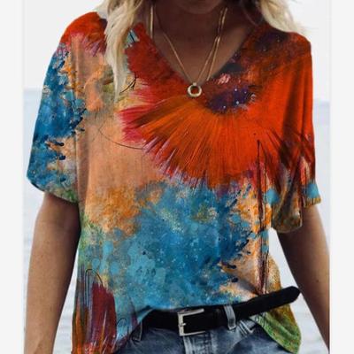 Graffiti Painted Printed V-neck Short Sleeved T-shirt Top Women 3d Tees
