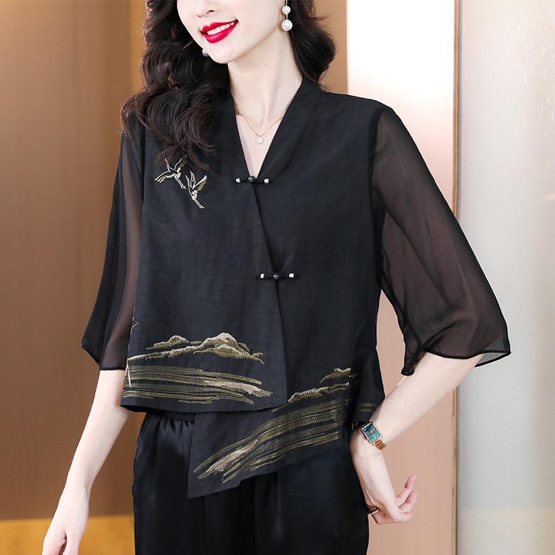 Sommer Damen Vintage Bestickte Asymmetrische Blusen Frühling Sommer Elegante Hemden