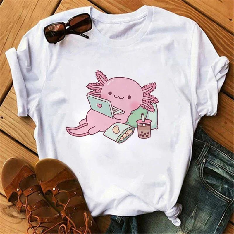 Funny Axolotl T Shirt Women Relaxolotl Kawaii Short Sleeve T-shirt Women's Clothing Summer Tops Y2k Casual Cartoon Graphic Tee