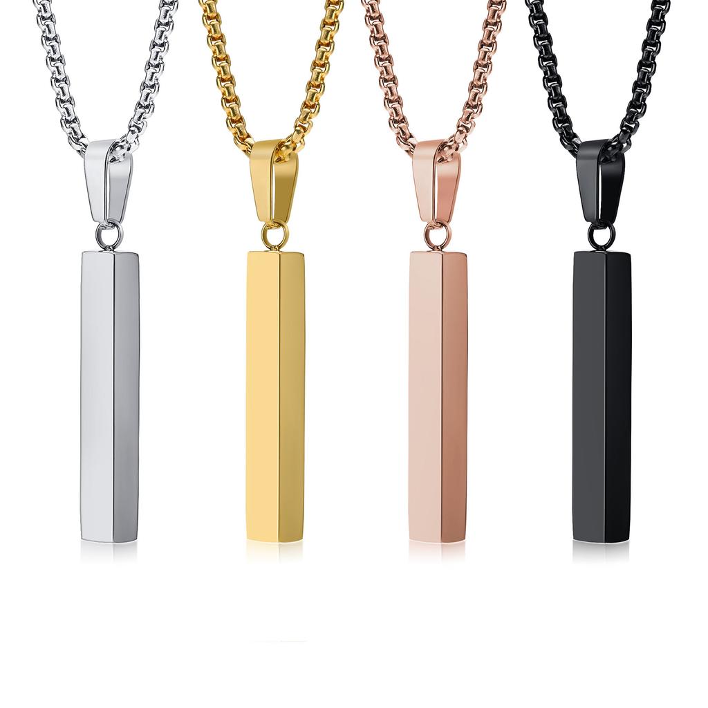 Men Custom Engraving Names Rectangle Bar Necklace, 3D Square Geometric Stainless Steel Pendant Collar Gift Jewelry