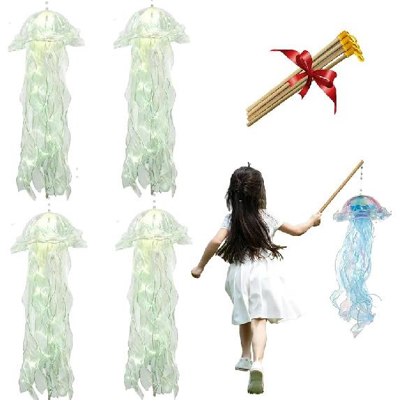 4 Pack LED Jelly-Fish Lamps, Hanging Glitter Iridescent Jelly-Fish Lantern, Home Office Room Decoration, Birthdays Halloween Christmas Gift for