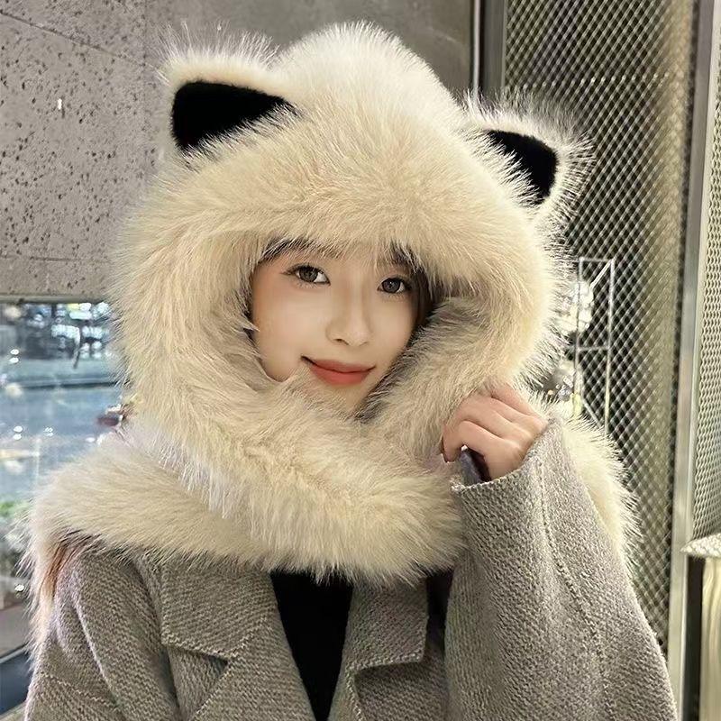 Women's Winter Plush Hat with Fox Ear Scarf - Thickened for Warmth, Ear Protection, and a Slimmer Face Look