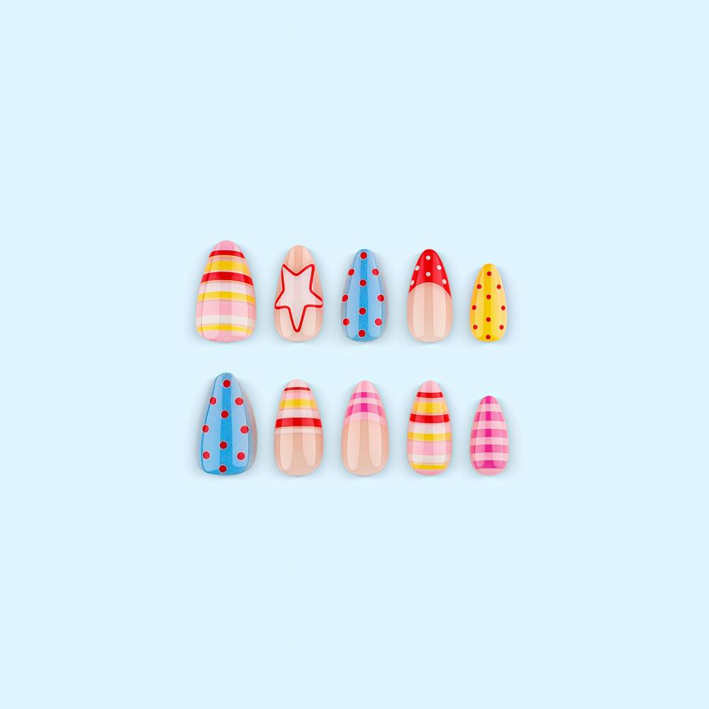 Macaron Color Block & Polka Dot Star French Tip Nails - Short Almond Shape