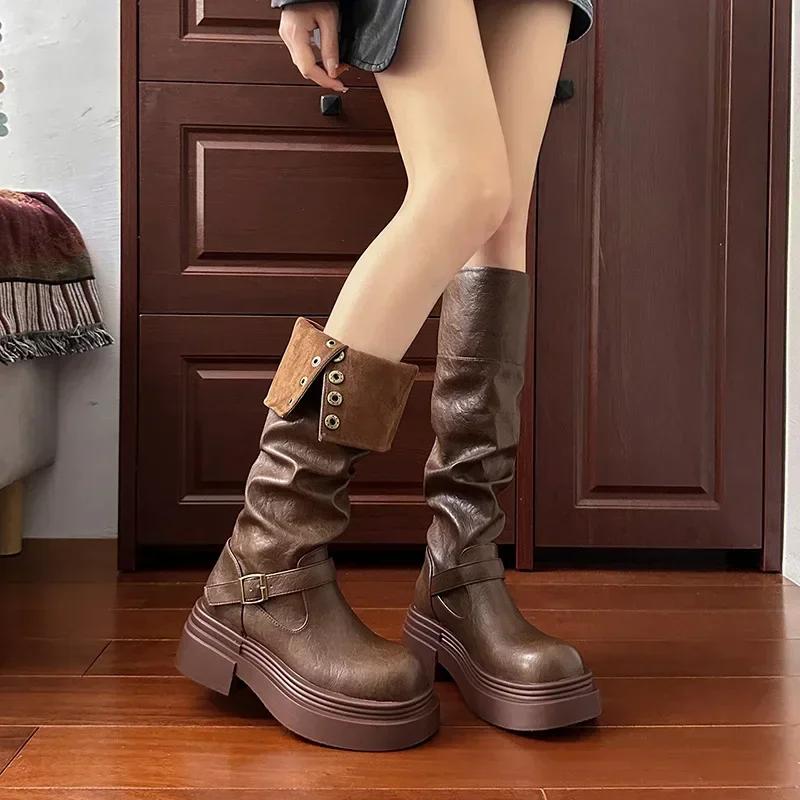 Fashion Long Boots Women's Autumn and Winter New Style Leather Buckle Strap Thick Soled Boots Fashionable British Knee High Knight Boots