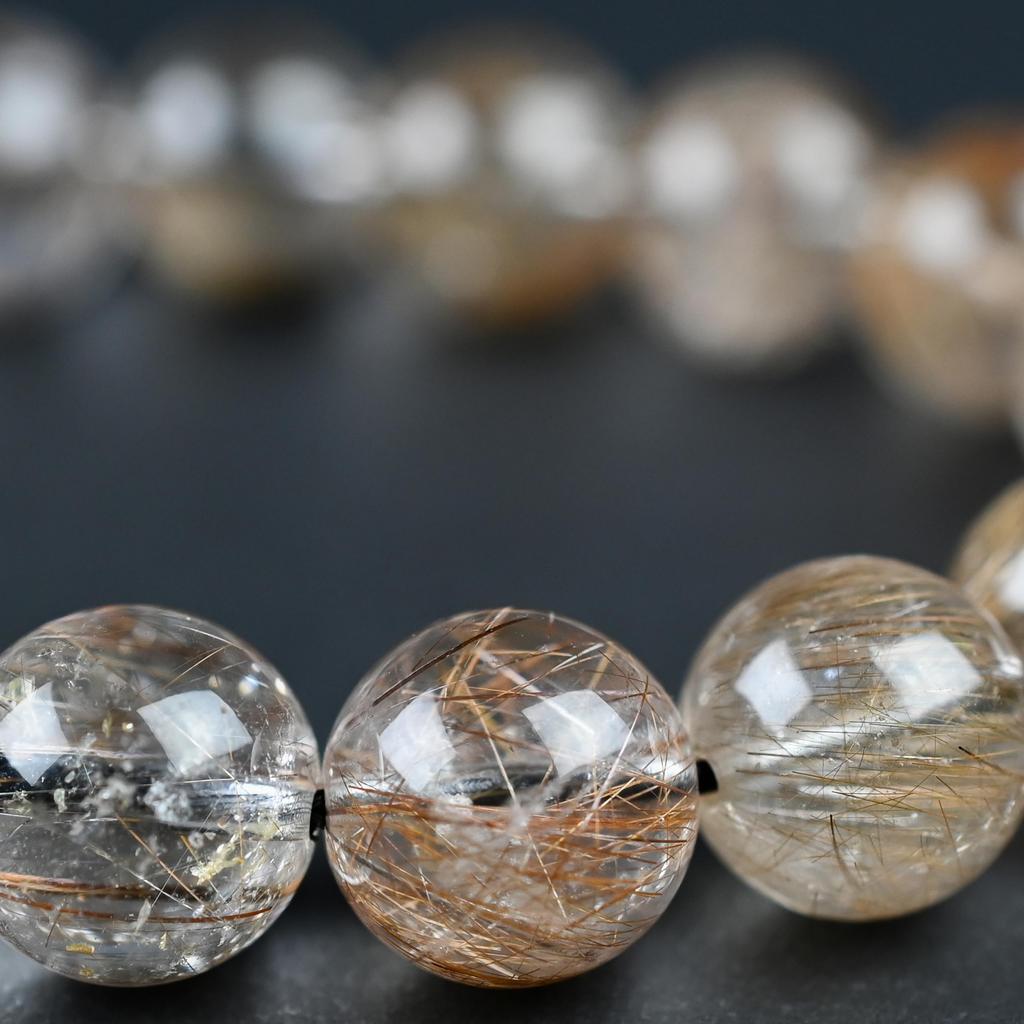 Eigado Mixed Rutilated Quartz 17 Inner Natural Power Good Fortune Bracelet, Beads, 12mm, Diameter Approx. 16cm, Stone, Stone, Luck, Amulet,