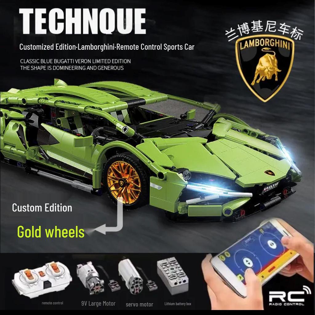 Green Bull 1:14 Remote Control Sports Car - Lego-Compatible Racing Model Building Set
