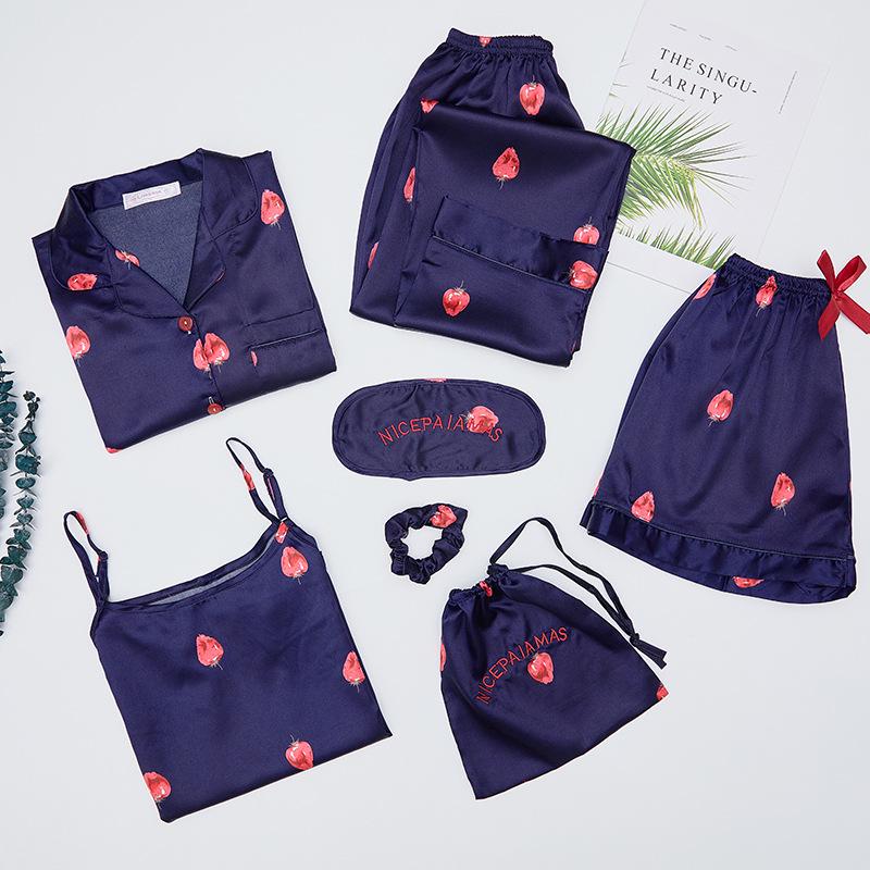 GMXIA Faux Silk Strawberry Long-sleeved Pajamas 7-piece Set, 7-piece Set of Silk Pajamas for Spring, Summer and Autumn Home Wear Pajama Sets