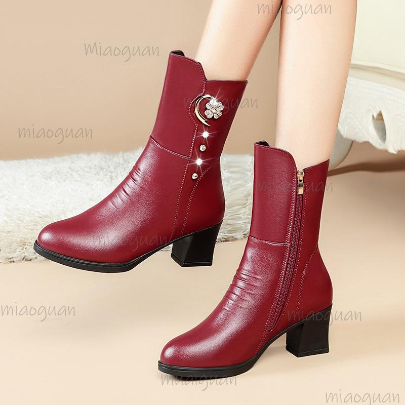 Size35-42 Chunky Heel Mid-Calf Boots Women Rhinestone Pearl Decor Warm Fur Lined Winter Dressy Short Boots Platform Sole Booties