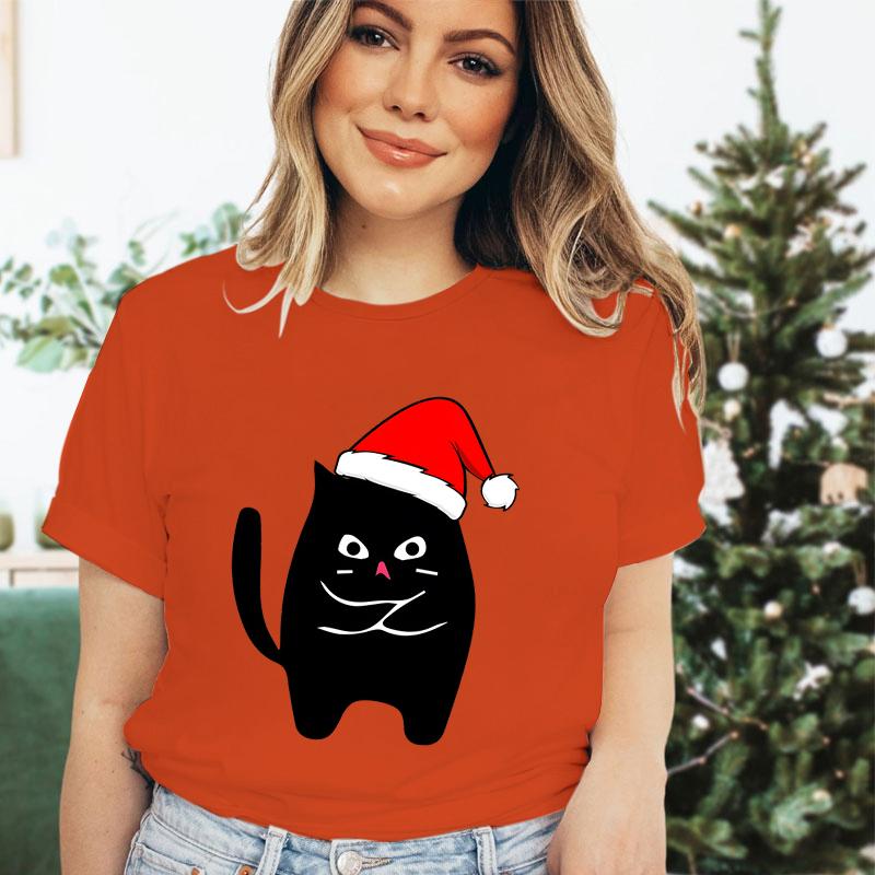 Christmas Black Santa Cat Trend Style Short Sleeve Tshirt Womens Christmas Gift Cute Animals Lovers Cartoon Classic Tshirts