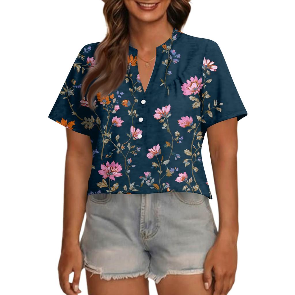 Modisches, lässiges Damen-Top mit V-Ausschnitt, Knopfleiste, Oversize-Schnitt, kurzen Ärmeln und Print