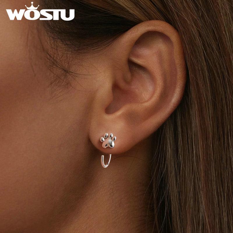 WOSTU Authentic 925 Sterling Silver Minimalist Pet Paw Stud Earrings Animal Hypoallergenic Earrings for Women Girls Jewelry Gift