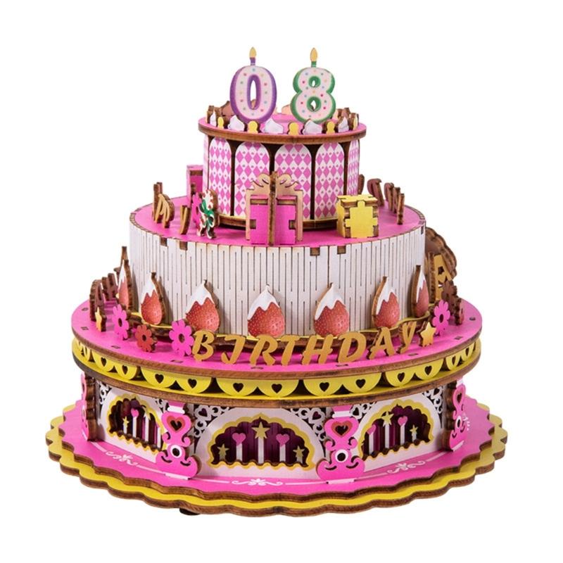 Wooden Mechanical Rotating Birthday Cake Music Box Craft Set Easy Assembly No Tool Required Musical Ornament Gifting