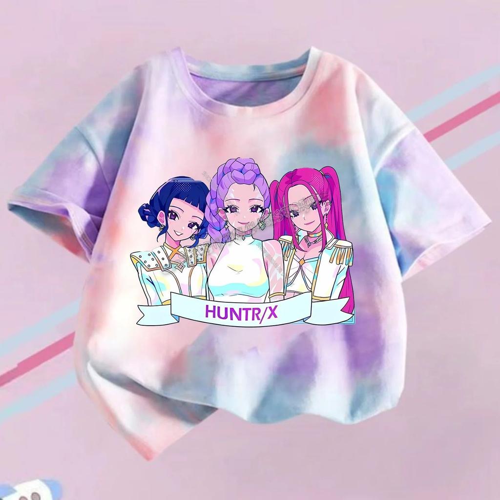 KPop Demon Hunters T-shirt Children Purple Tie-dye Top Girls O Collar Clothing Short Sleeve Tee Kids Summer/Autumn Clothes Gift