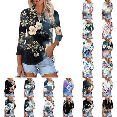Women's Fashion Casual Lapel 3/4 Sleeve Print Shirt Women's Button Up Tops