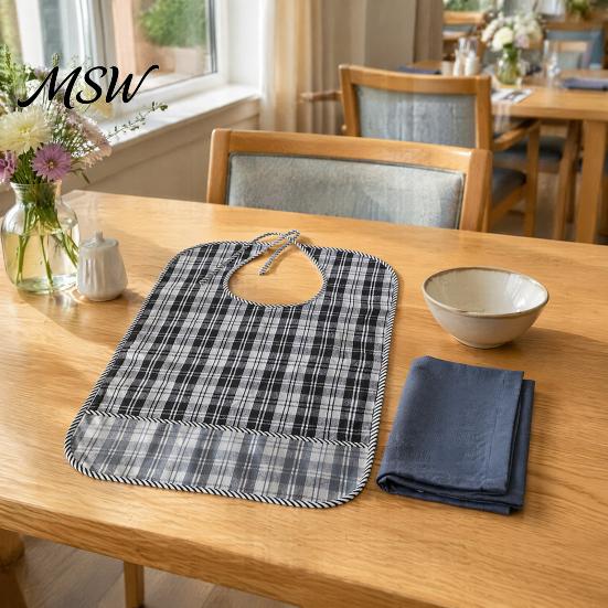 Adaptive Clothing for Seniors Double-sided Waterproof Adult Bib, with Adjustable Neck Strap, Wide Reusable Bibs Eating Crumb Catcher Large Washable