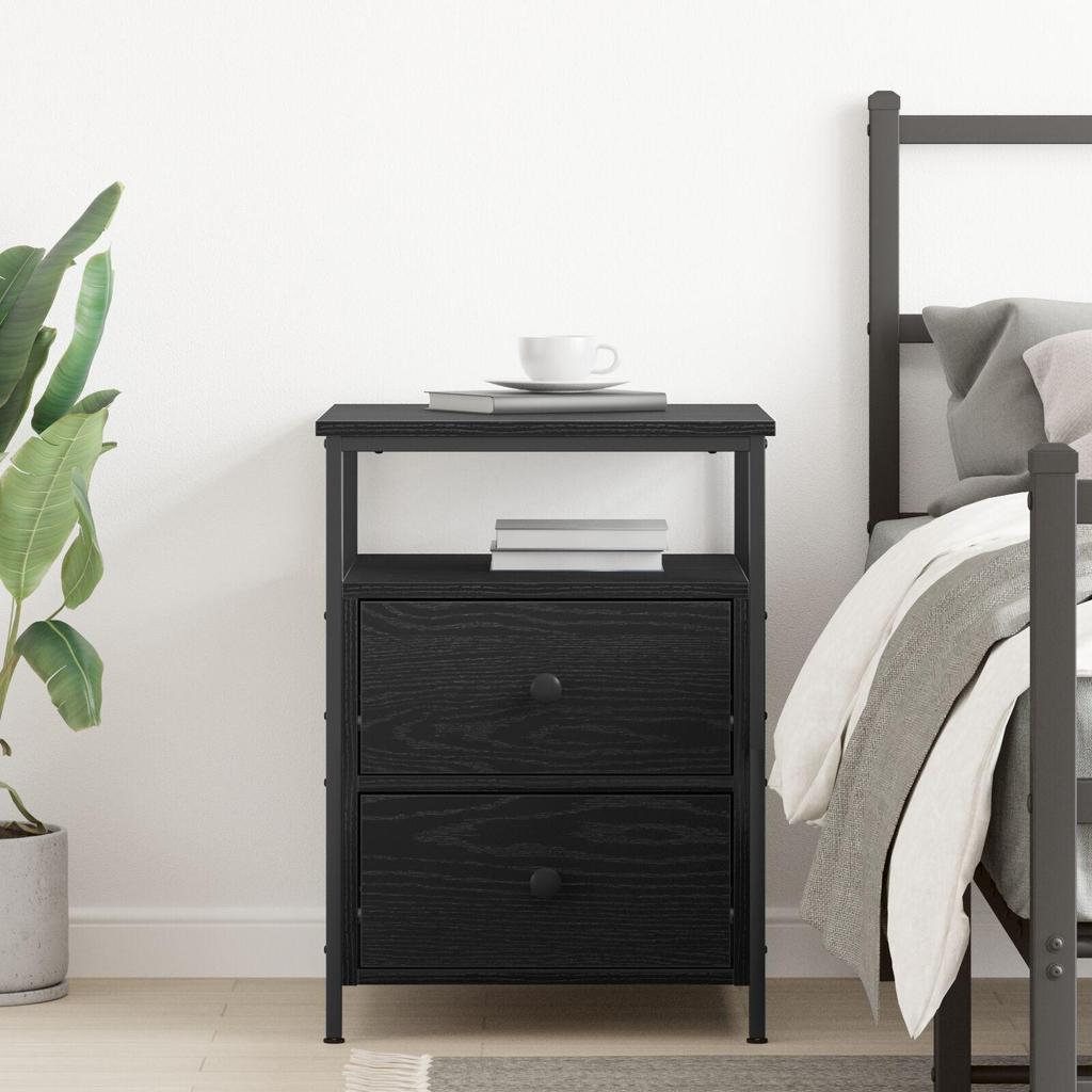 Black oak bedside table, 2 drawers for storage, with open display storage, 44x45x60 cm, made of wood and steel.
