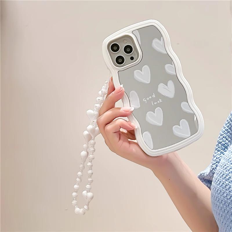 Wavy Frame Heart-Shaped Mirror Phone Case For iPhone 16 15 14 13 12 11 Plus Pro Max X XR Girls Fashion Phone Case With Bracelet