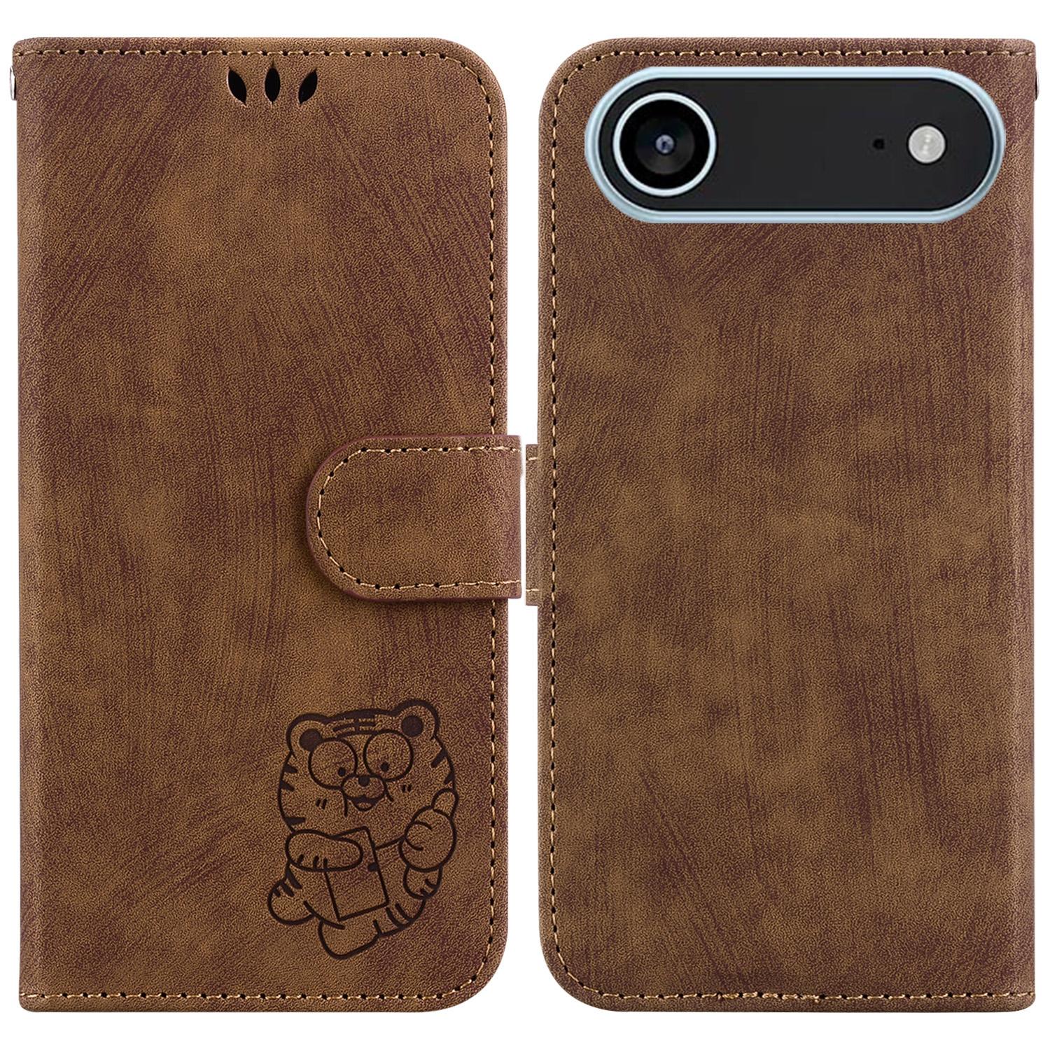 

For iPhone 17 Air Wallet Case Tiger Imprint Leather Shockproof Phone Cover with Wrist Strap Brown