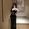 Black Lace Splicing Split End Sexy Hip Wrap Waist Temperament Long Dress with Chest Pad Suspender Dress Dress Female Ins
