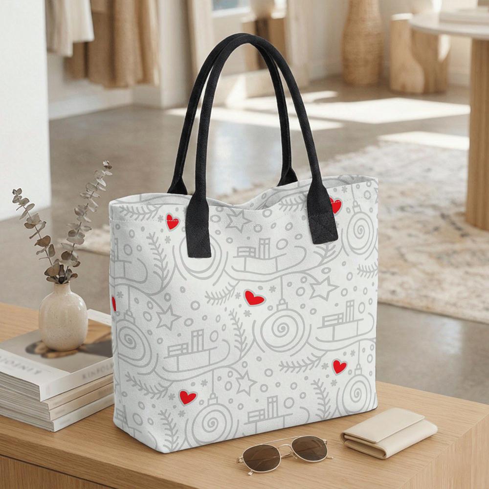 Christmas Pattern Tote Bag Cute Heart Printed Canvas Shoulder Bag for Daily Shopping Travel Lightweight Portable Handbag